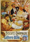 Full color vintage French advertisement by Alphonse Mucha for Lefèvre-Utile Champagne Biscuits, featuring a man and two women dining in an Art Nouveau setting.