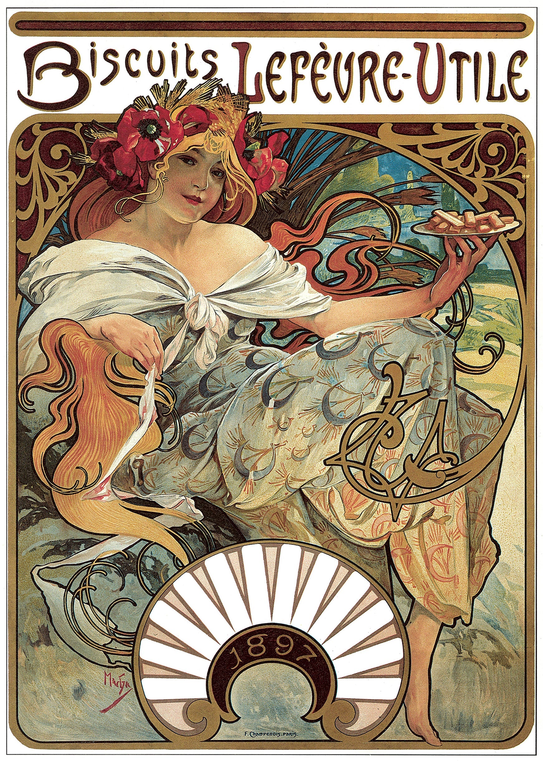 Full-color Art Nouveau advertisement by Alphonse Mucha from 1897, featuring a woman with poppies holding Biscuits Lefèvre-Utile.