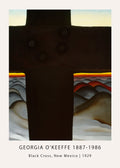 Georgia O'Keeffe's 1929 painting "Black Cross, New Mexico," showing a large black cross silhouette against a fiery sunset over rolling desert hills.