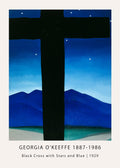 Georgia O'Keeffe’s famous 1929 painting, Black Cross with Stars and Blue, featuring a massive black cross against a deep blue mountainous night sky.