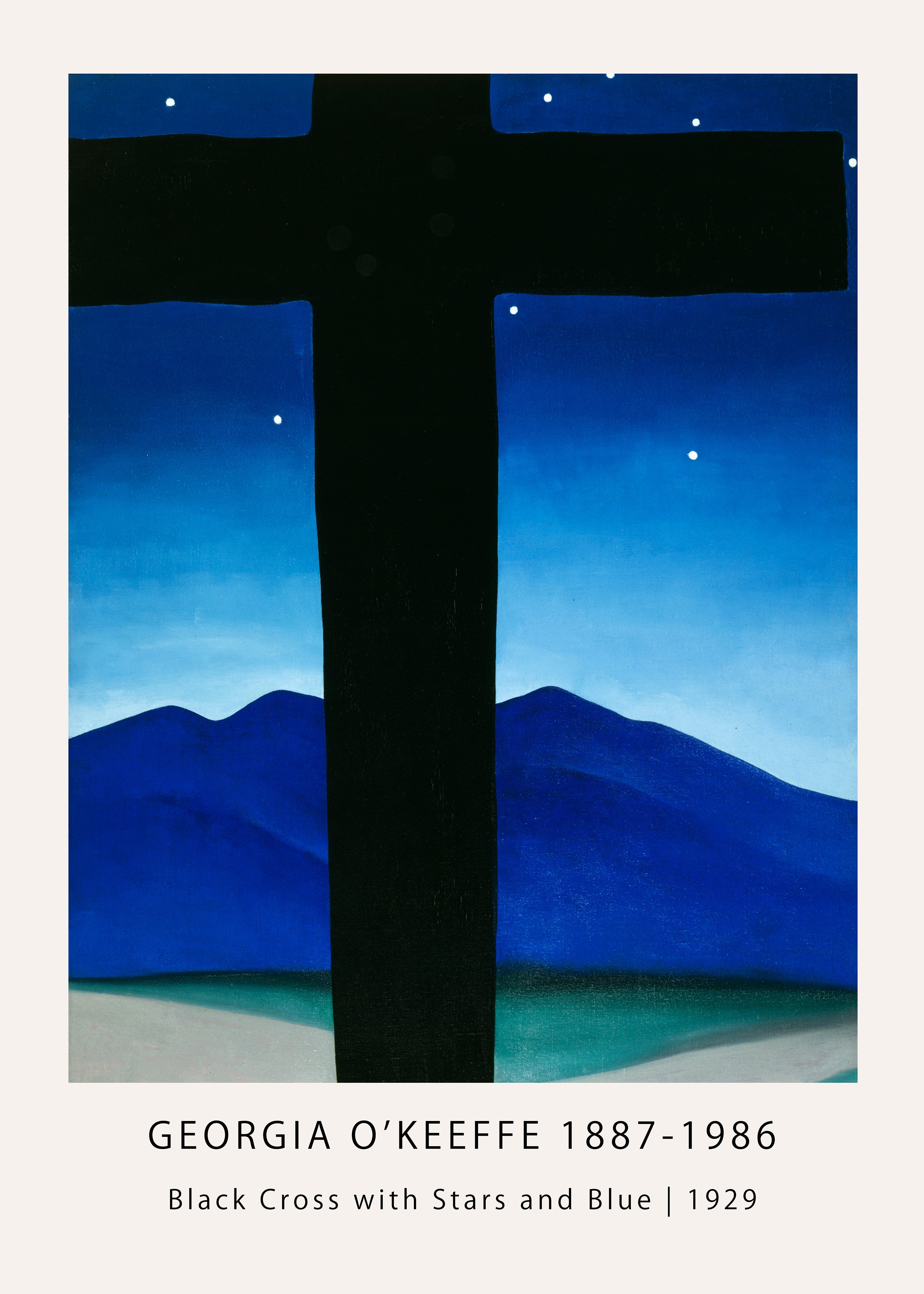 Georgia O'Keeffe’s famous 1929 painting, Black Cross with Stars and Blue, featuring a massive black cross against a deep blue mountainous night sky.