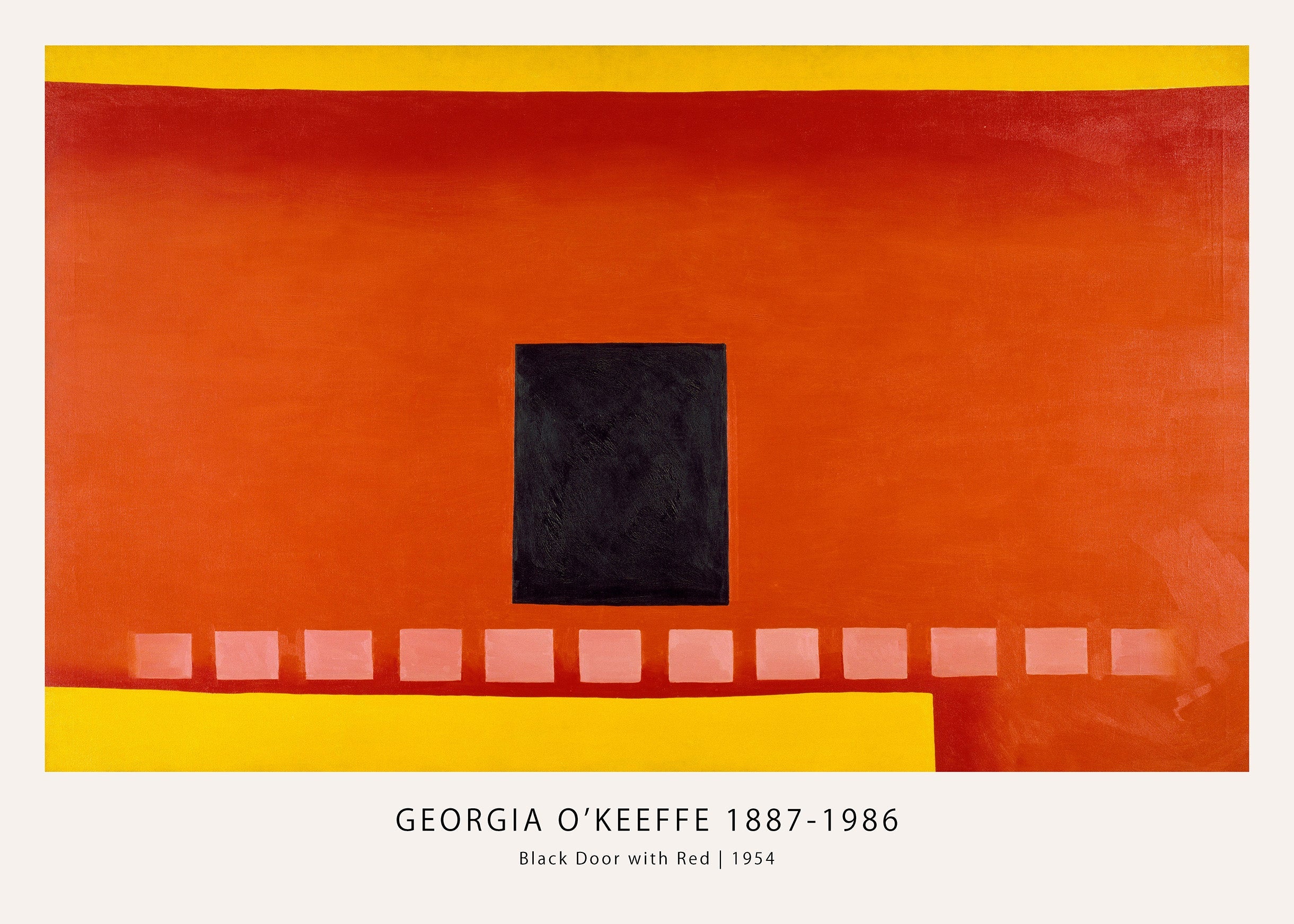 Georgia O'Keeffe painting "Black Door with Red" featuring a large orange field, a central black rectangle, and yellow horizontal strips.