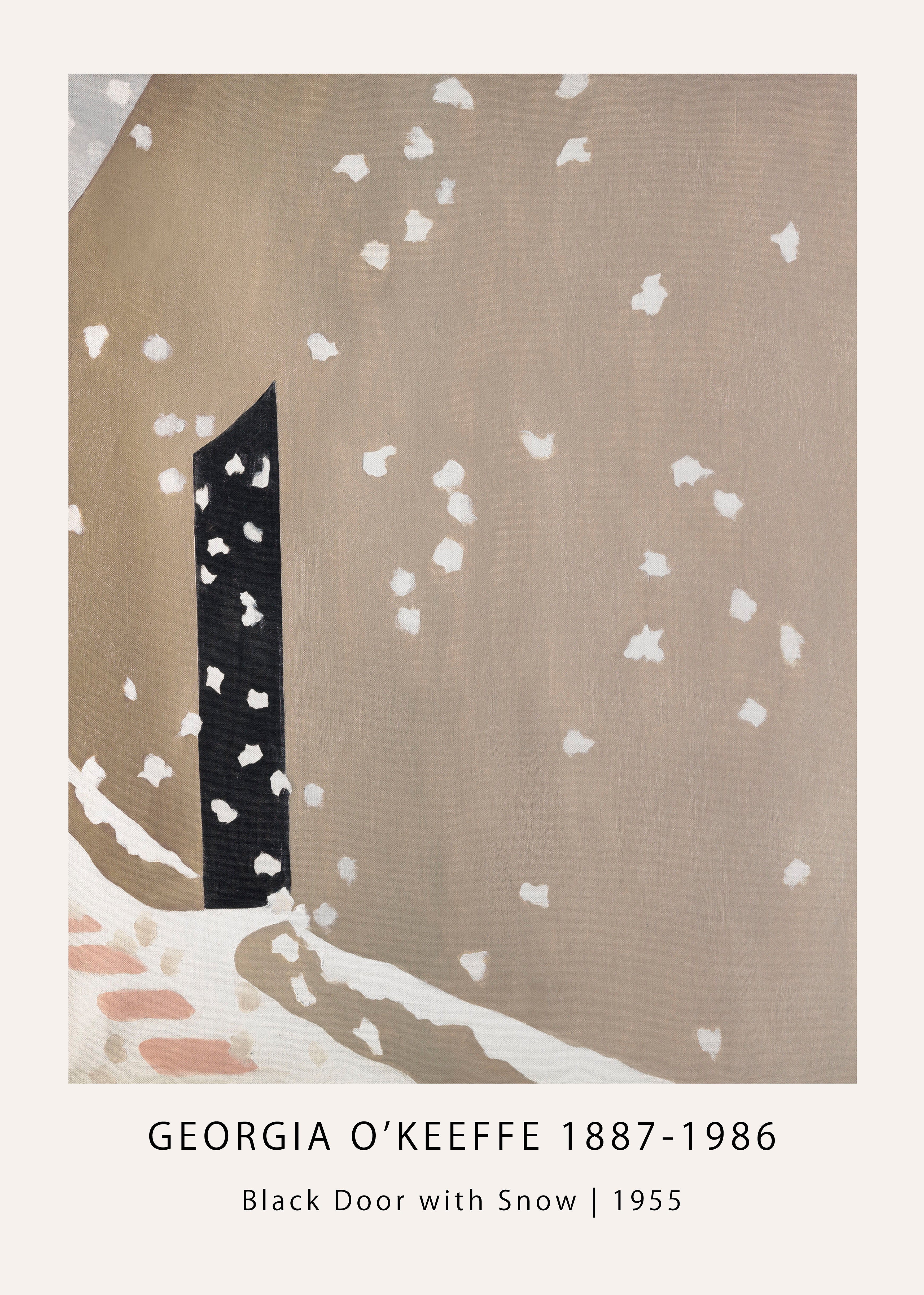 Abstract painting by Georgia O'Keeffe titled "Black Door with Snow," featuring a black vertical shape against a taupe wall with white snow falling.