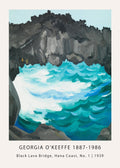 Georgia O'Keeffe painting, Black Lava Bridge (1939), showing dark black cliffs contrasting with brilliant teal and white ocean waves.