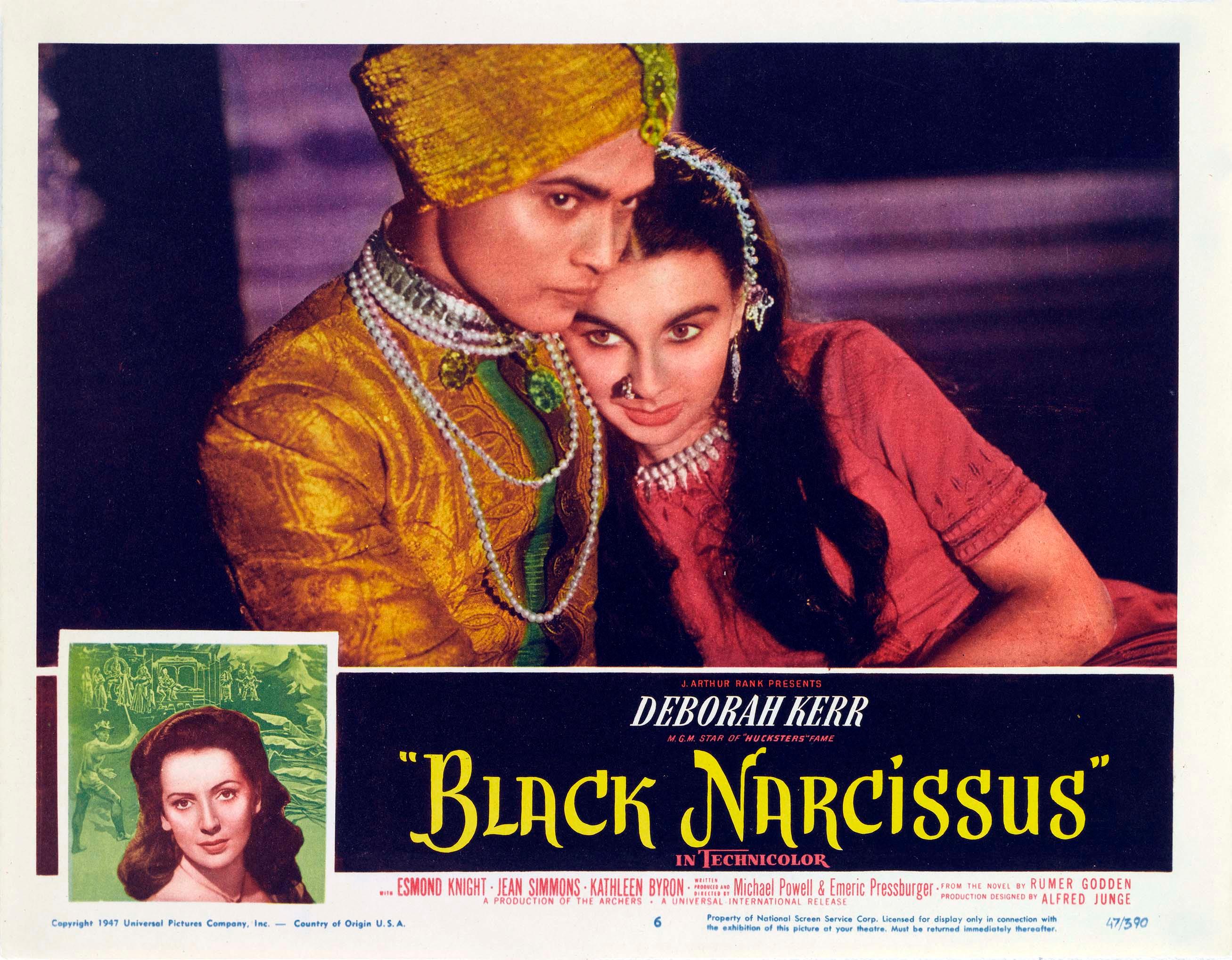 Lobby card for the 1947 film Black Narcissus showing a dramatic closeup of Jean Simmons (Kanchi) and the General, emphasizing the vibrant Technicolor and exotic setting.