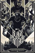 Black Panther movie poster featuring Black Panther character in center with supporting cast and Wakanda skyline, art deco style