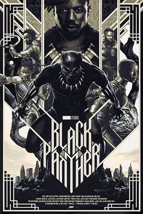 Black Panther movie poster featuring Black Panther character in center with supporting cast and Wakanda skyline, art deco style