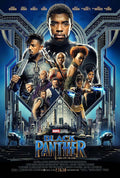 Official Black Panther movie poster showing Chadwick Boseman as T'Challa above the main Wakandan cast, against a high-tech cityscape backdrop.