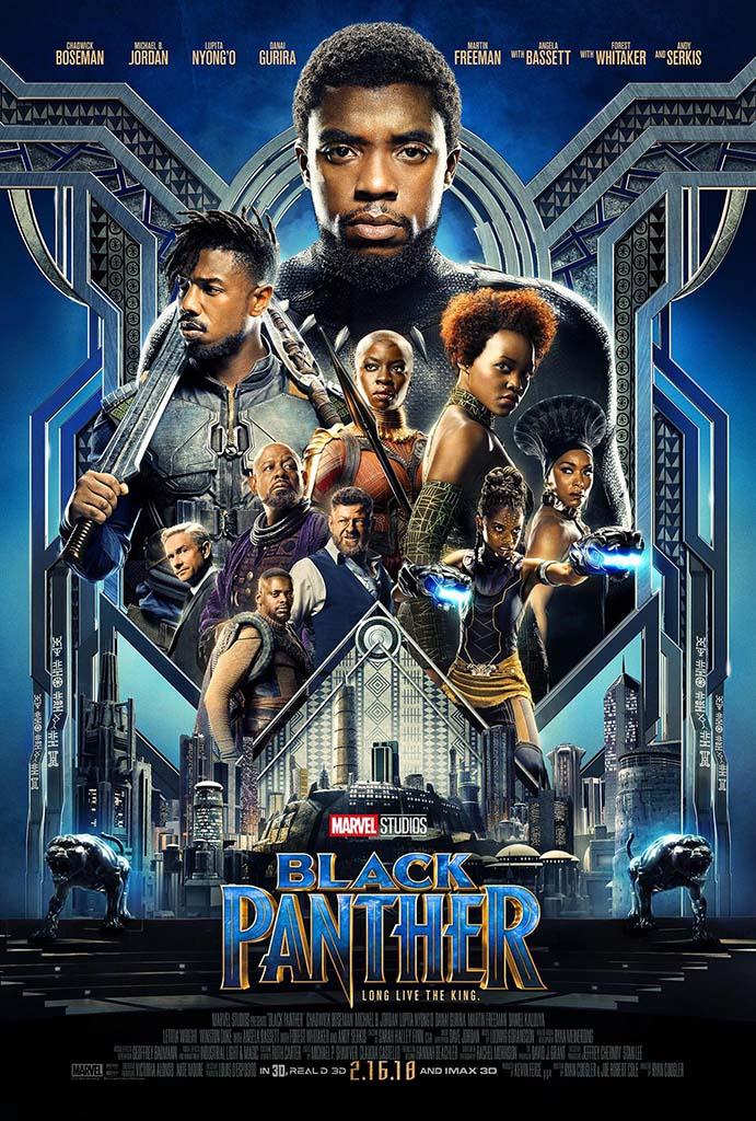 Official Black Panther movie poster showing Chadwick Boseman as T'Challa above the main Wakandan cast, against a high-tech cityscape backdrop.