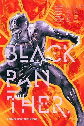 Dynamic Black Panther superhero artwork by Martin Ansin with vibrant orange background and characters