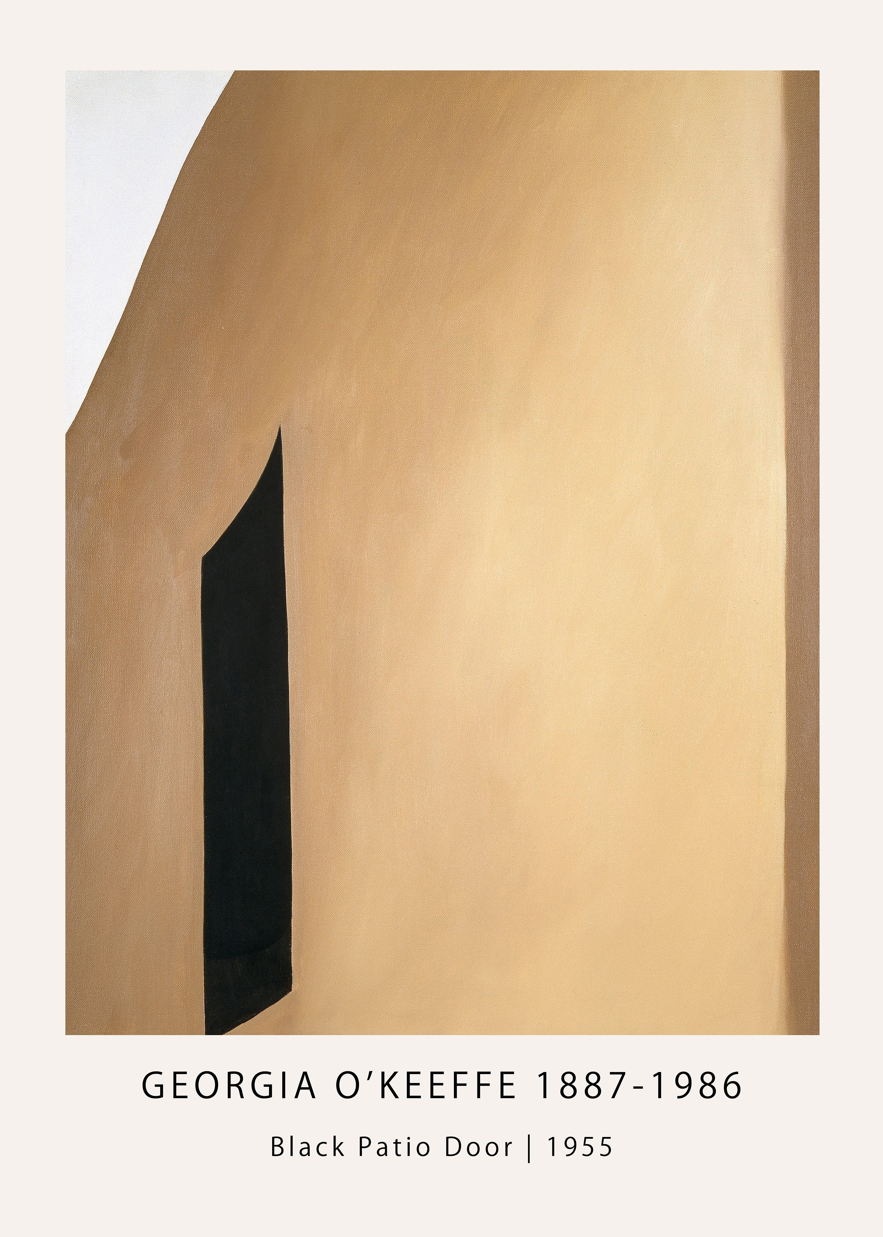 Abstract painting "Black Patio Door" by Georgia O'Keeffe, featuring large blocks of tan, beige, and black architectural forms.