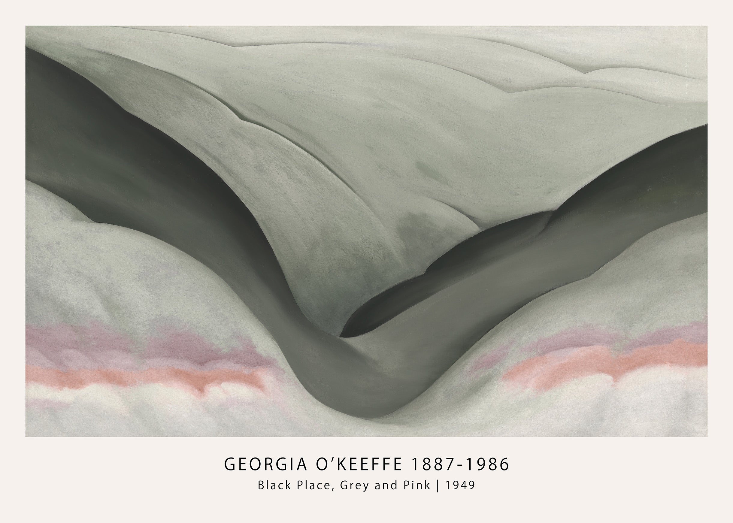 Reproduction of Georgia O'Keeffe's 1949 oil painting, showing smooth, abstract landscape forms in varying shades of grey and blush pink at the bottom edge.