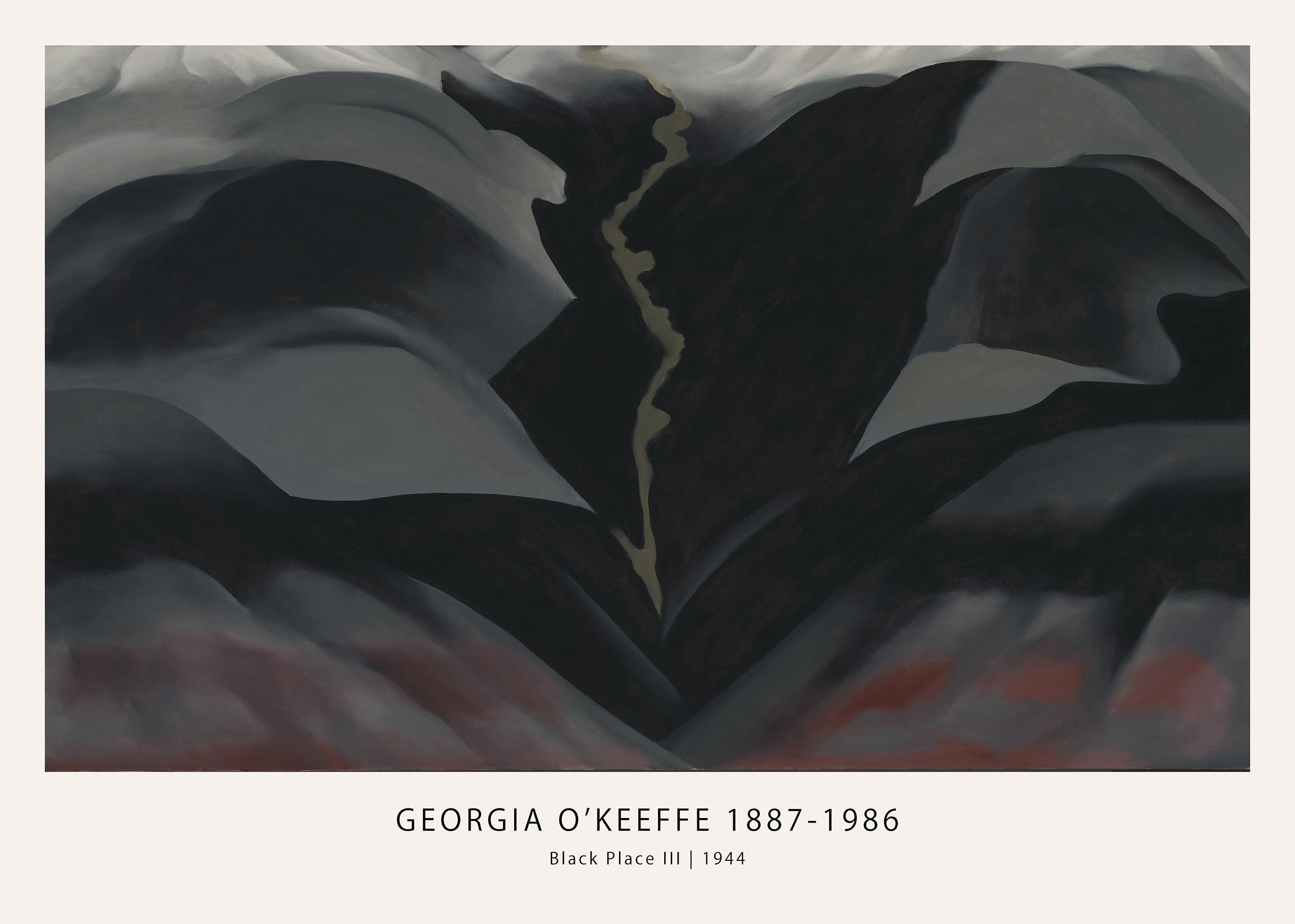 Abstract landscape painting "Black Place III" by Georgia O'Keeffe, featuring deep gray and black undulating hills with a thin ochre line.