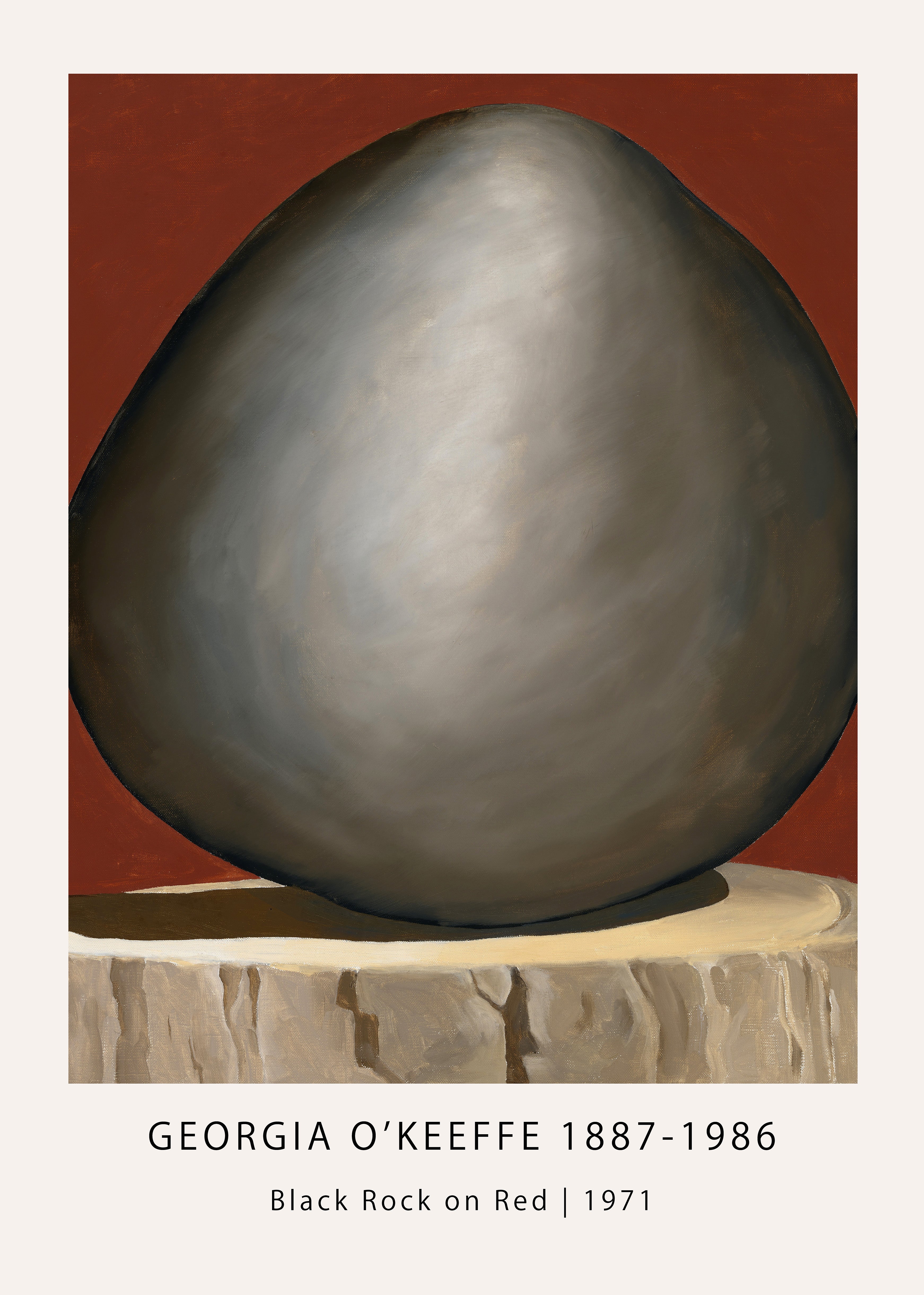 Georgia O'Keeffe oil painting, "Black Rock on Red" (1971), featuring a dark gray, smooth boulder against a vibrant terracotta background, resting on a textured base.