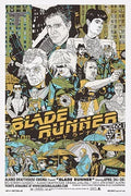 Stylized Blade Runner illustration featuring main characters, futuristic cityscape, and Japanese text