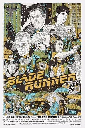 Stylized Blade Runner illustration featuring main characters, futuristic cityscape, and Japanese text