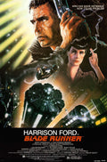 Original Blade Runner 1982 theatrical poster featuring Harrison Ford and Rachel against the dystopian, neon city skyline and futuristic vehicles.