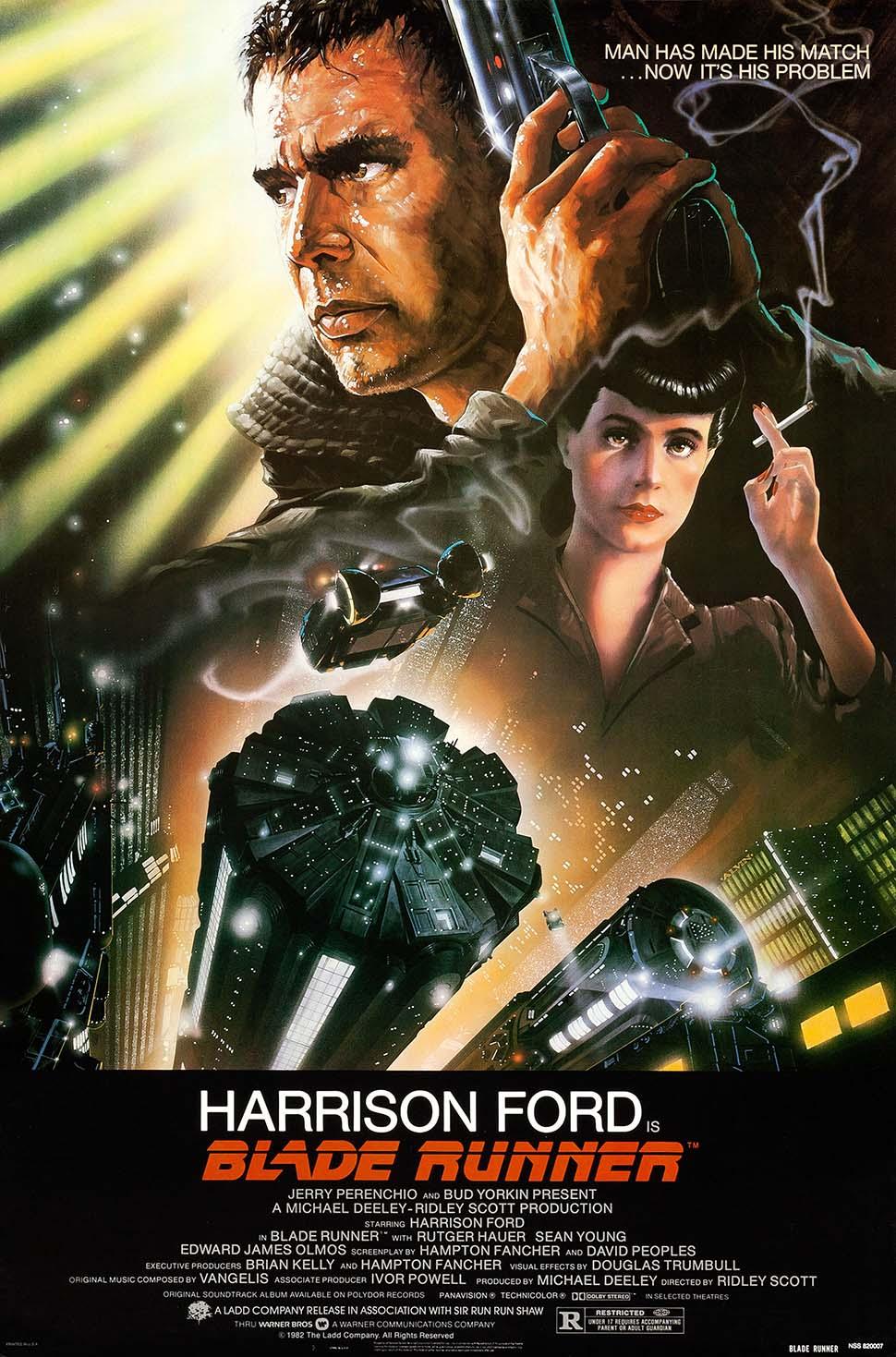 Original Blade Runner 1982 theatrical poster featuring Harrison Ford and Rachel against the dystopian, neon city skyline and futuristic vehicles.