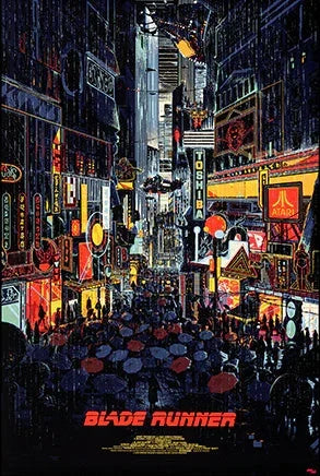 Cyberpunk city street at night with neon signs, crowded with umbrellas, Blade Runner poster art