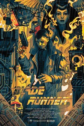 Blade Runner movie poster art showing a man with a gun, a woman’s face in blue flames, futuristic cityscape