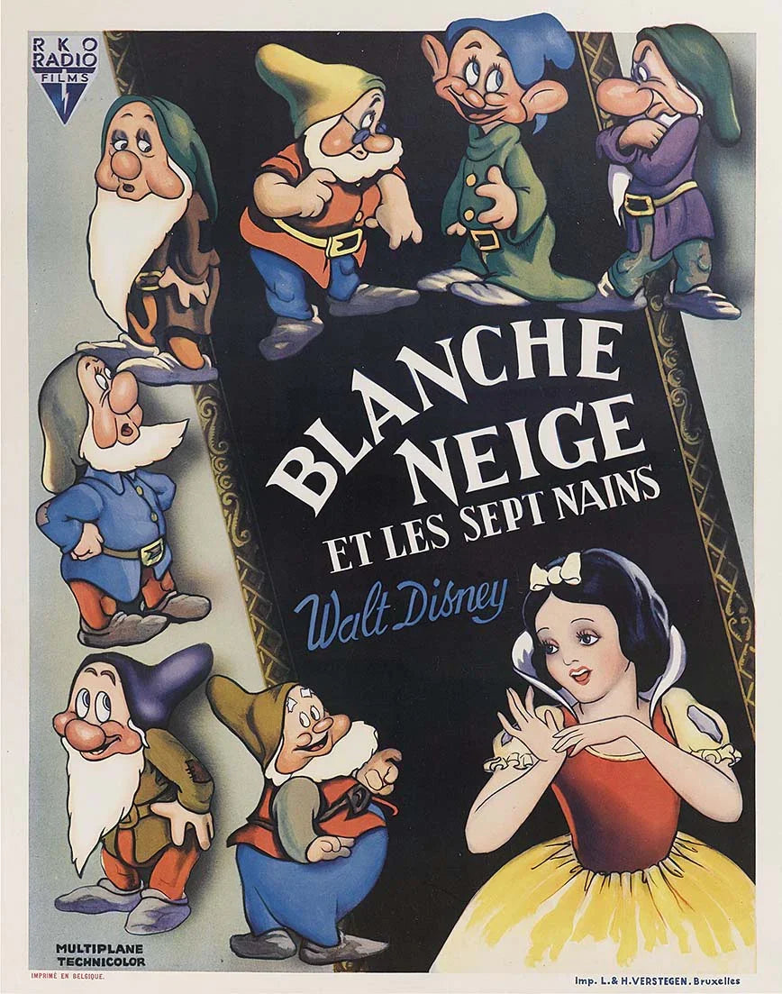 Vintage 1937 French movie poster for Snow White and the Seven Dwarfs (Blanche Neige), showing Snow White and all seven dwarfs surrounding the title text.