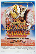 Original theatrical poster for the 1974 movie Blazing Saddles, featuring Sheriff Bart riding a winged yellow horse, waving a peace sign against a colorful backdrop.