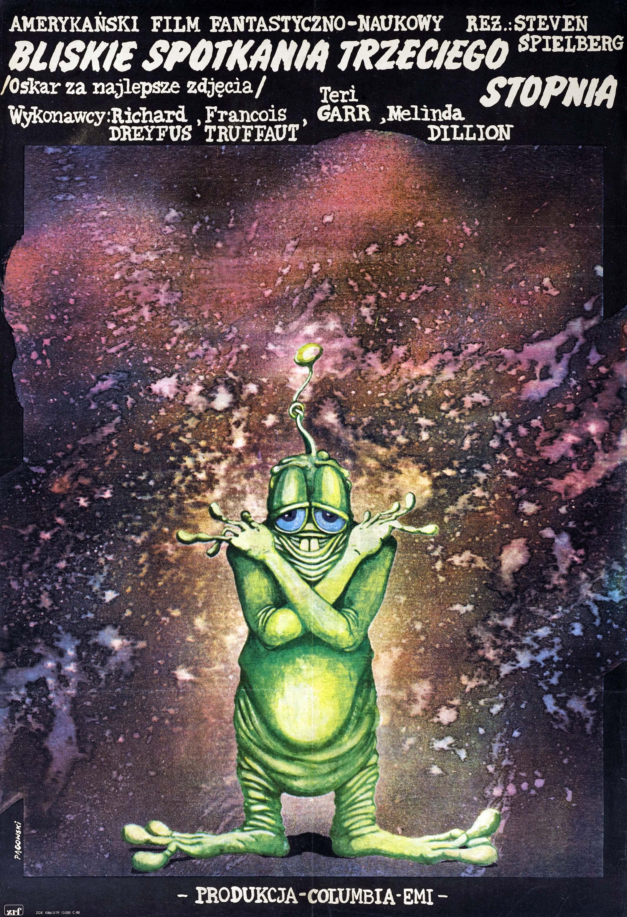 Vintage Polish poster for Close Encounters of the Third Kind featuring a friendly, large-eyed green alien figure against a cosmic nebula background.