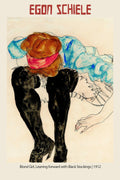 A reproduction of Egon Schiele's 1912 expressionist drawing featuring a blond woman bending over, wearing a blue top and high black stockings.