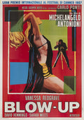 Vintage Italian movie poster for Blow-Up featuring a woman in profile and a photographer with a camera on a tripod, set against vibrant red and green abstract blocks.