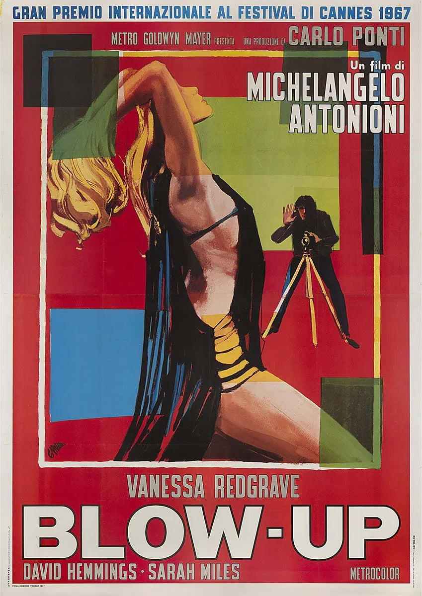 Vintage Italian movie poster for Blow-Up featuring a woman in profile and a photographer with a camera on a tripod, set against vibrant red and green abstract blocks.