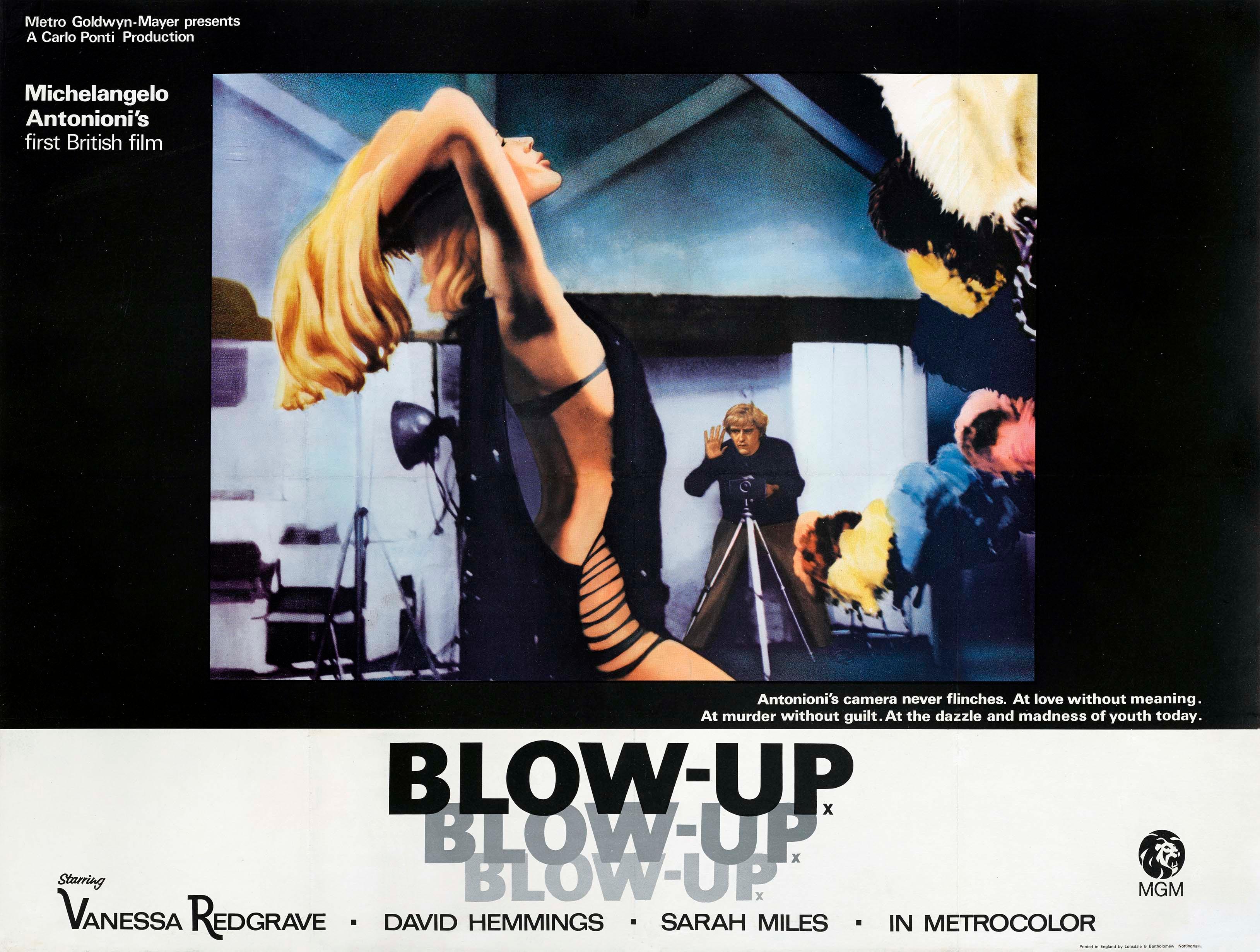 Original British poster for Michelangelo Antonioni's Blow-Up featuring a blonde model posing dramatically and the photographer David Hemmings.