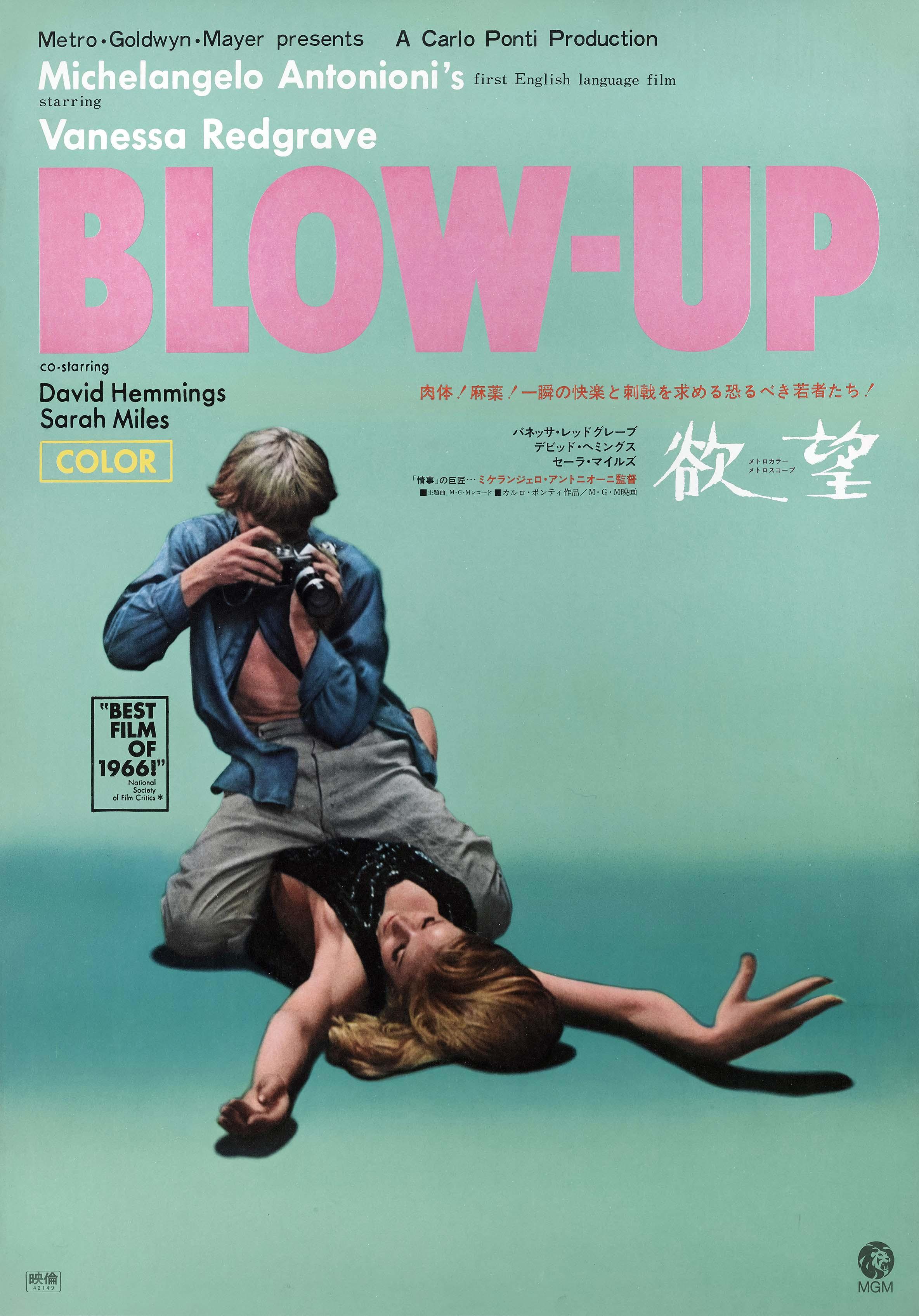 Stylized Japanese movie poster for Blow-Up (1966) showing David Hemmings with a camera above a woman on a mint green background.