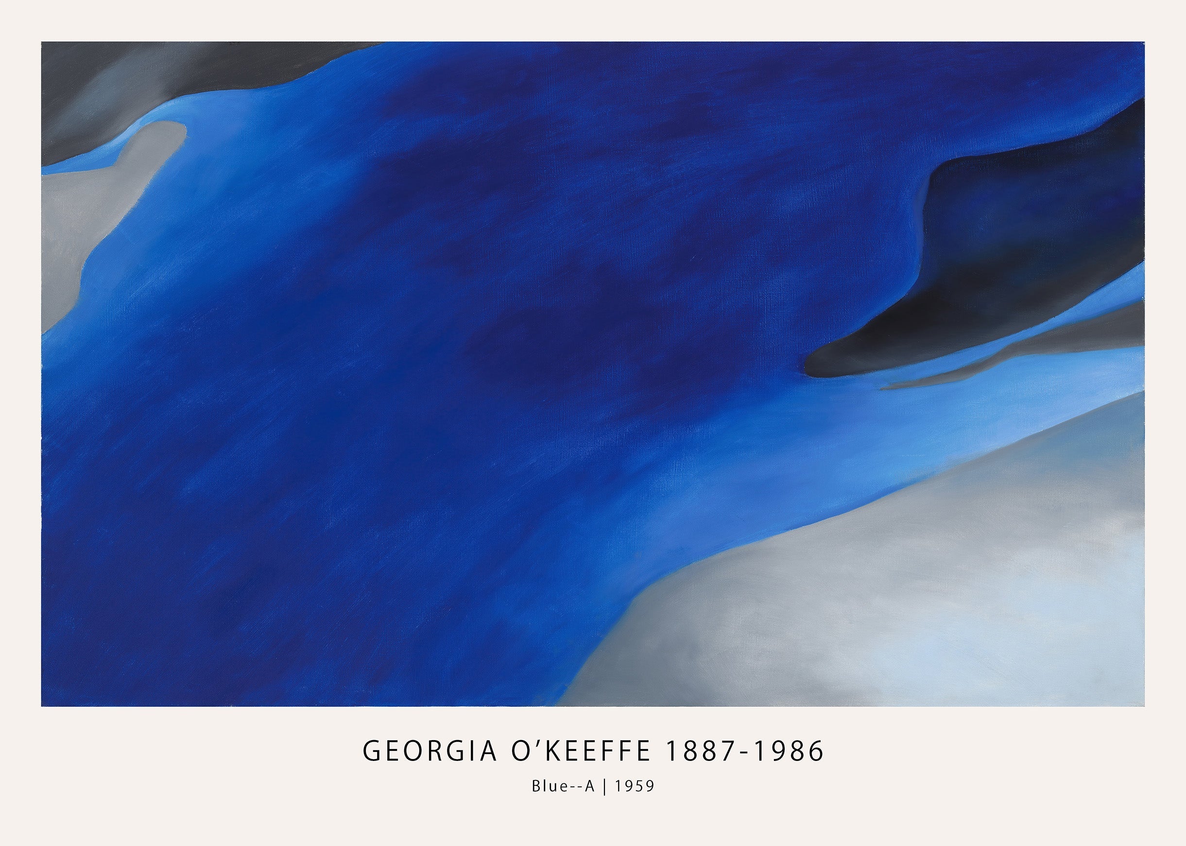 Georgia O'Keeffe's abstract painting "Blue--A" featuring sweeping bands of deep blue, light gray, and dark charcoal forms.