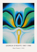 High-quality reproduction of Georgia O'Keeffe's 1918 painting, "Blue Flower," featuring vibrant blue, green, and yellow macro floral forms.