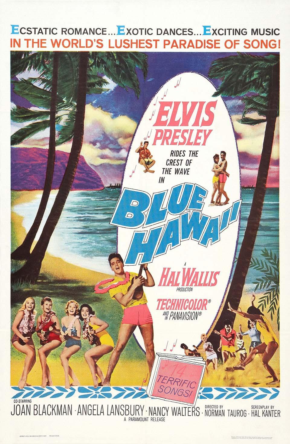 Original theatrical movie poster for Blue Hawaii (1961) featuring Elvis Presley playing a ukulele on a tropical beach with palm trees and a group of women.