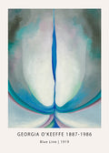 Georgia O'Keeffe's 1919 abstract oil painting, "Blue Line," featuring a vertical bright blue center slit surrounded by soft white, gray, and turquoise forms.