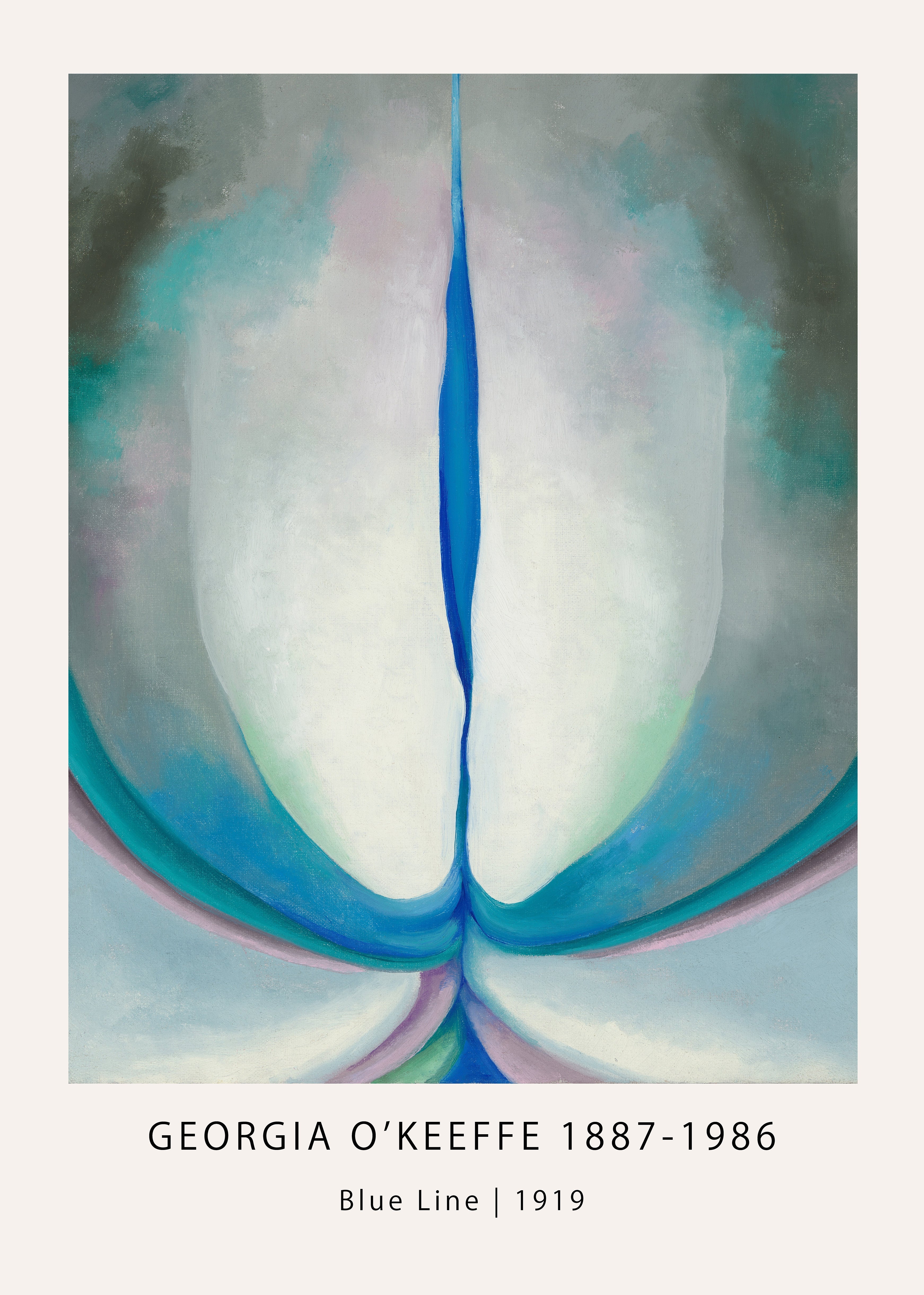 Georgia O'Keeffe's 1919 abstract oil painting, "Blue Line," featuring a vertical bright blue center slit surrounded by soft white, gray, and turquoise forms.