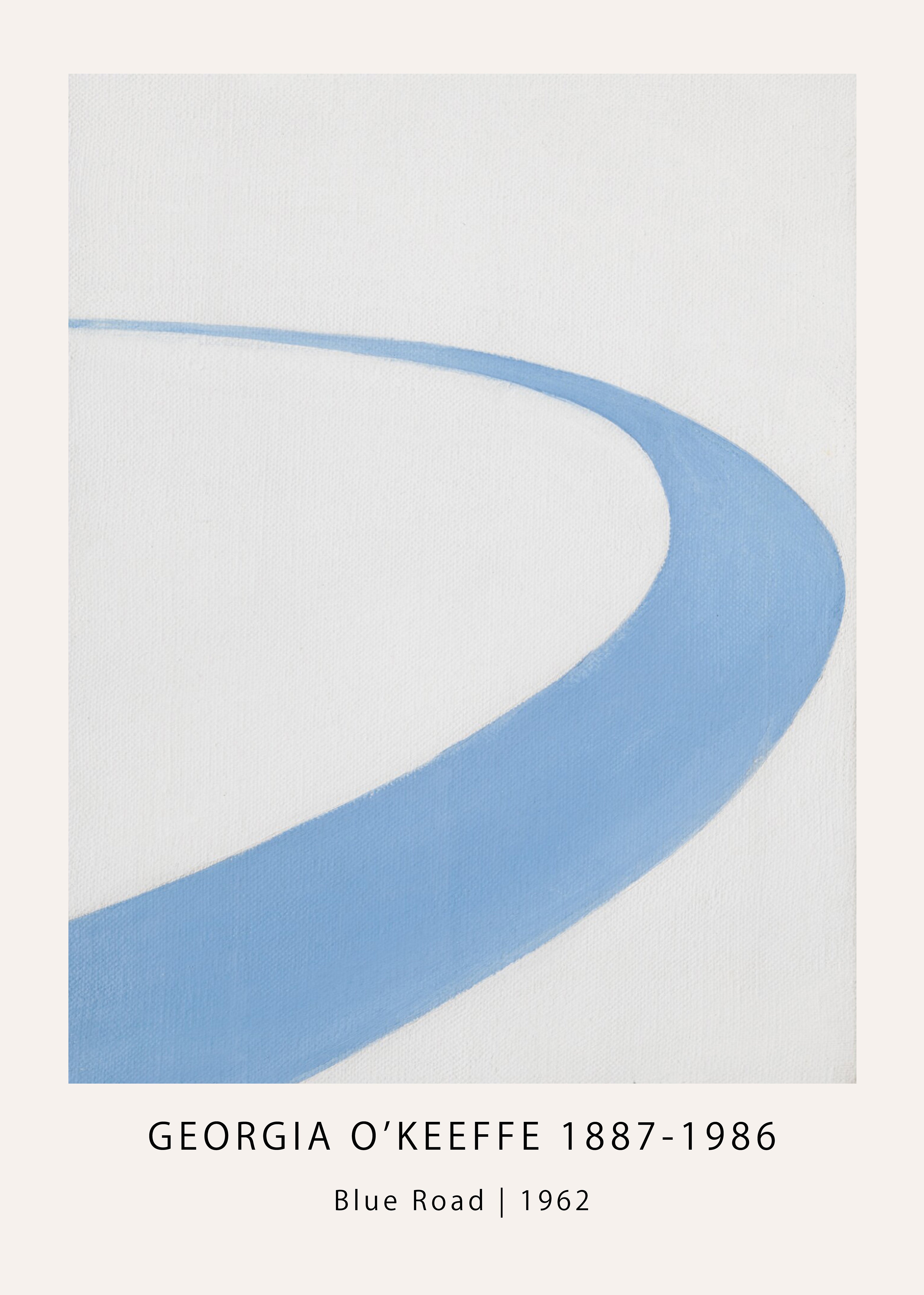 Reproduction of Georgia O'Keeffe's 1962 painting, "Blue Road," showing a thick, curved stroke of pale blue paint against a white canvas background.