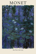 Reproduction of Claude Monet's 1919 "Blue Water Lilies" painting, showing deep blue and purple water with green lily pads and white blooms.