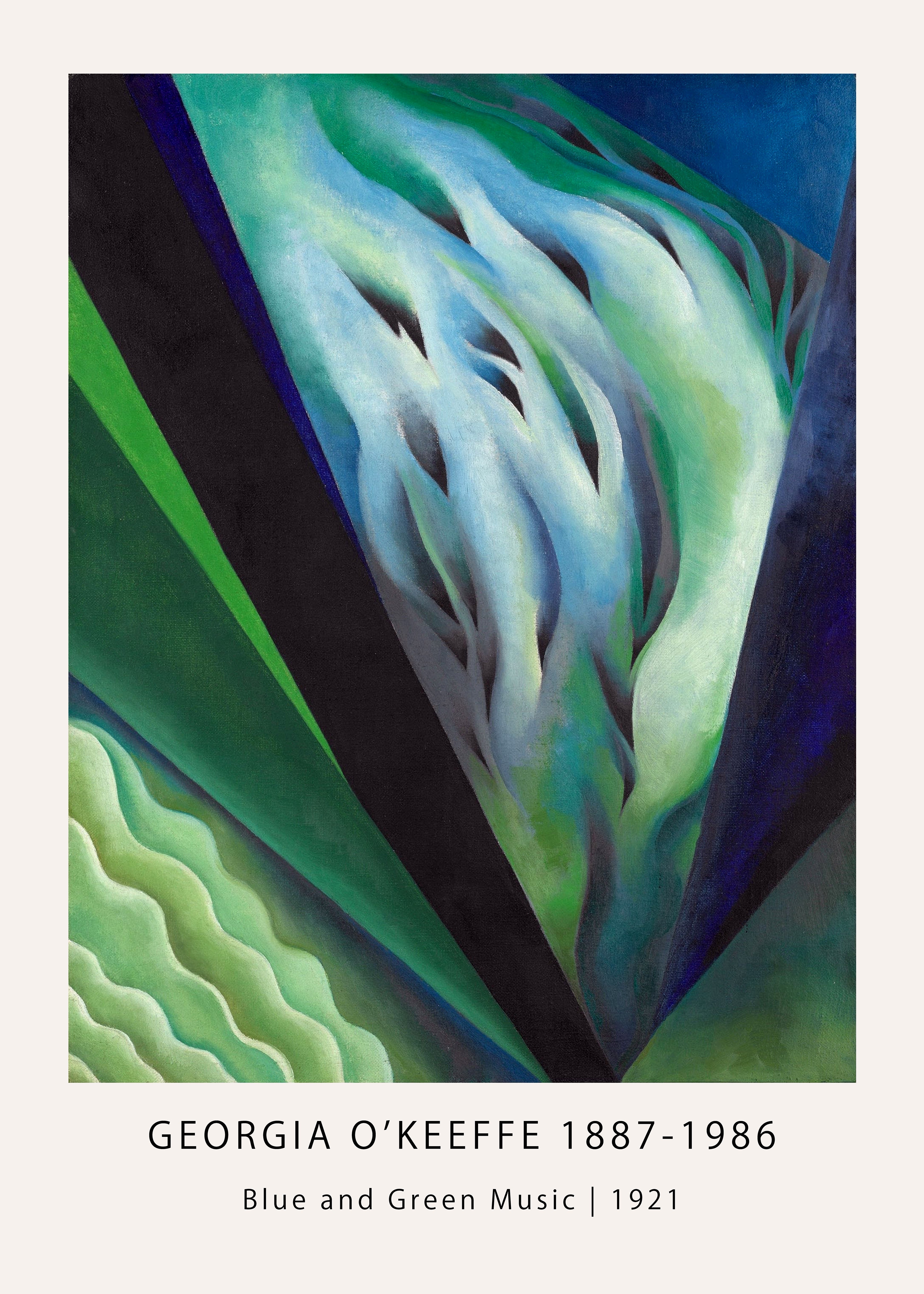 Reproduction of Georgia O'Keeffe's 1921 abstract painting, "Blue and Green Music," showing flowing, undulating shapes in vibrant blue and deep green tones framed by black diagonals.
