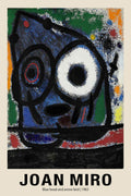 Joan Miró's 1965 painting print, "Blue head and arrow bird," featuring a large, textured blue abstract face with oversized black lines and colorful paint splatter accents.