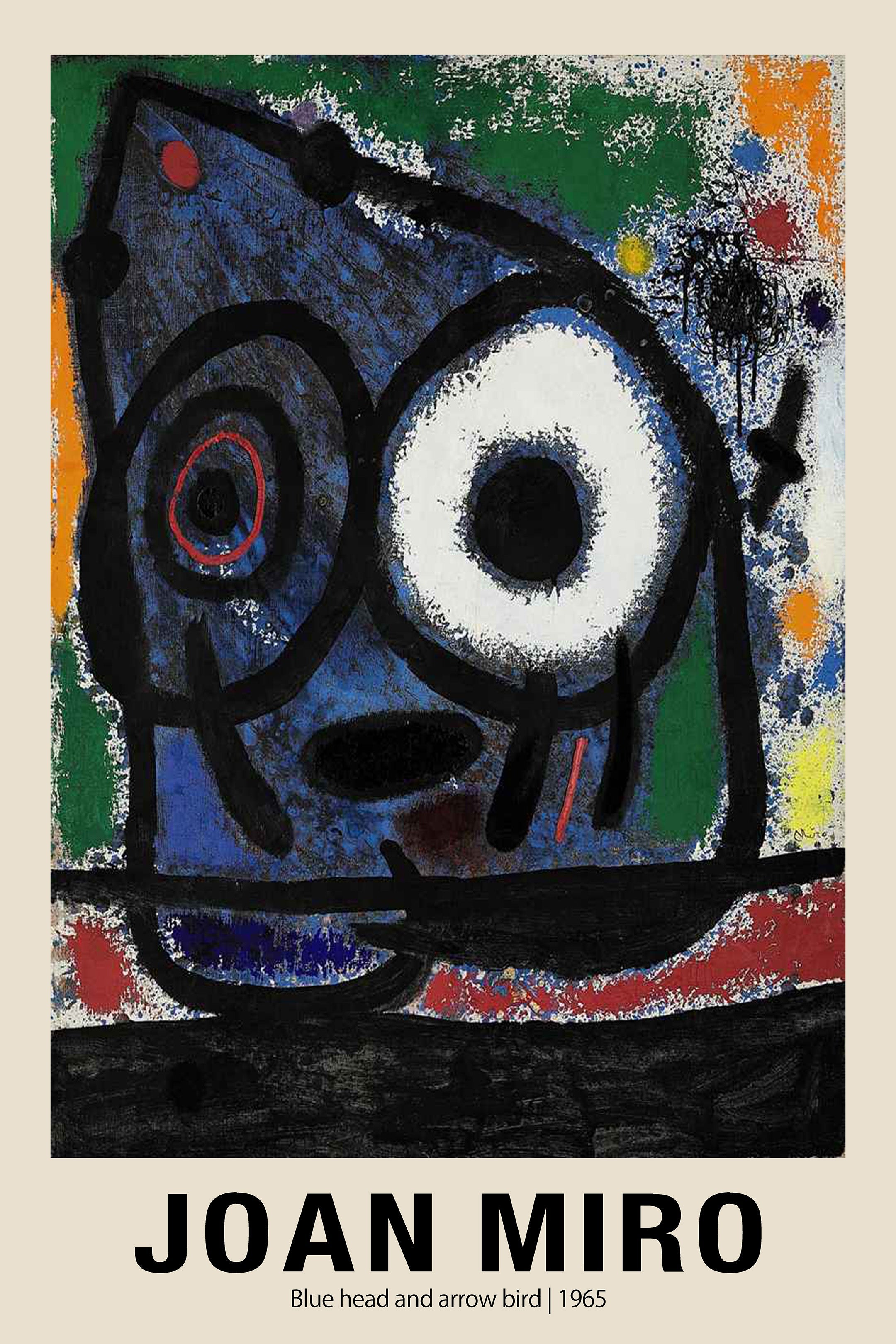 Joan Miró's 1965 painting print, "Blue head and arrow bird," featuring a large, textured blue abstract face with oversized black lines and colorful paint splatter accents.