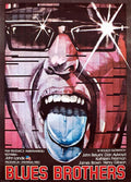 Close-up abstract illustration of a figure in black sunglasses shouting, featuring a startling blue tongue, designed for the iconic Blues Brothers Polish movie poster.