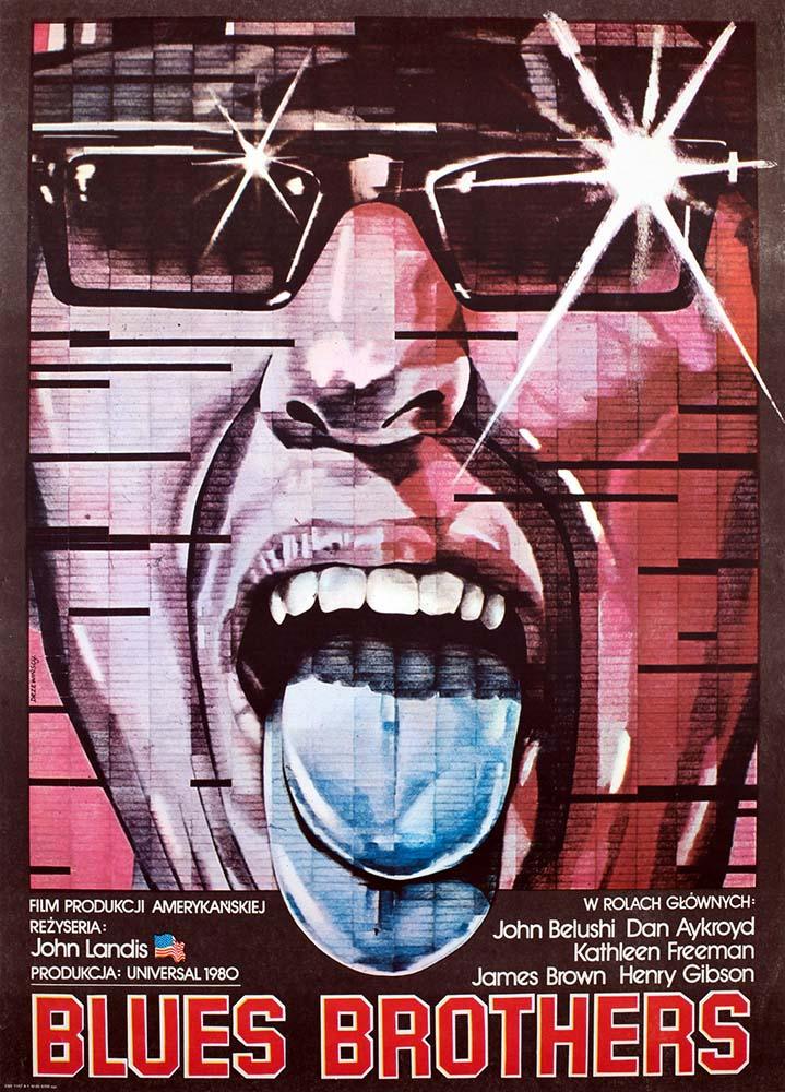 Close-up abstract illustration of a figure in black sunglasses shouting, featuring a startling blue tongue, designed for the iconic Blues Brothers Polish movie poster.
