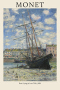 Oil painting by Claude Monet depicting a large black sailing ship resting on mud flats at low tide in a busy harbor under a bright, cloudy sky.