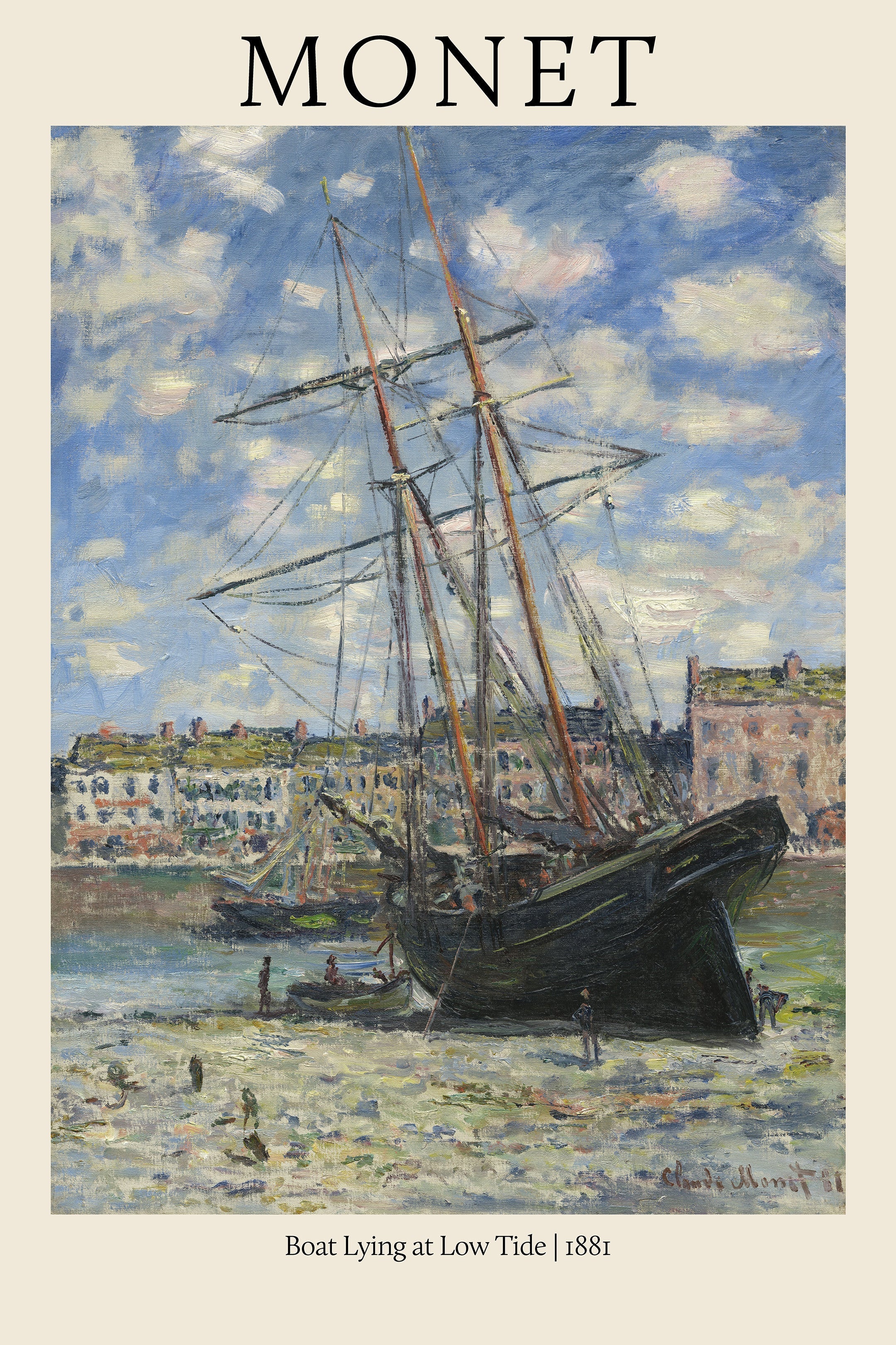 Oil painting by Claude Monet depicting a large black sailing ship resting on mud flats at low tide in a busy harbor under a bright, cloudy sky.