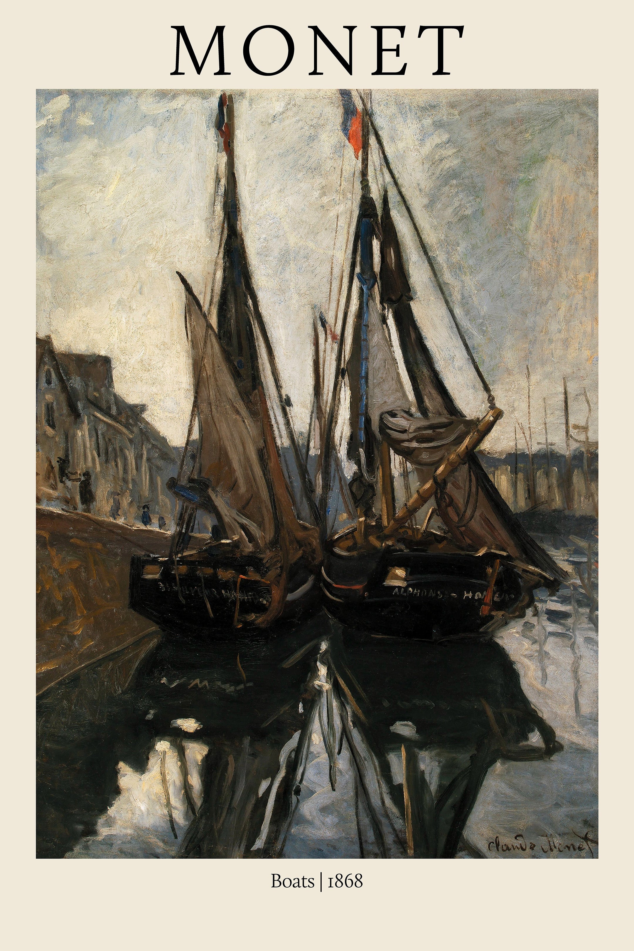 Claude Monet painting of two dark fishing boats moored in a murky harbor with thick, impressionistic brushstrokes and reflections on the water, dated 1868.