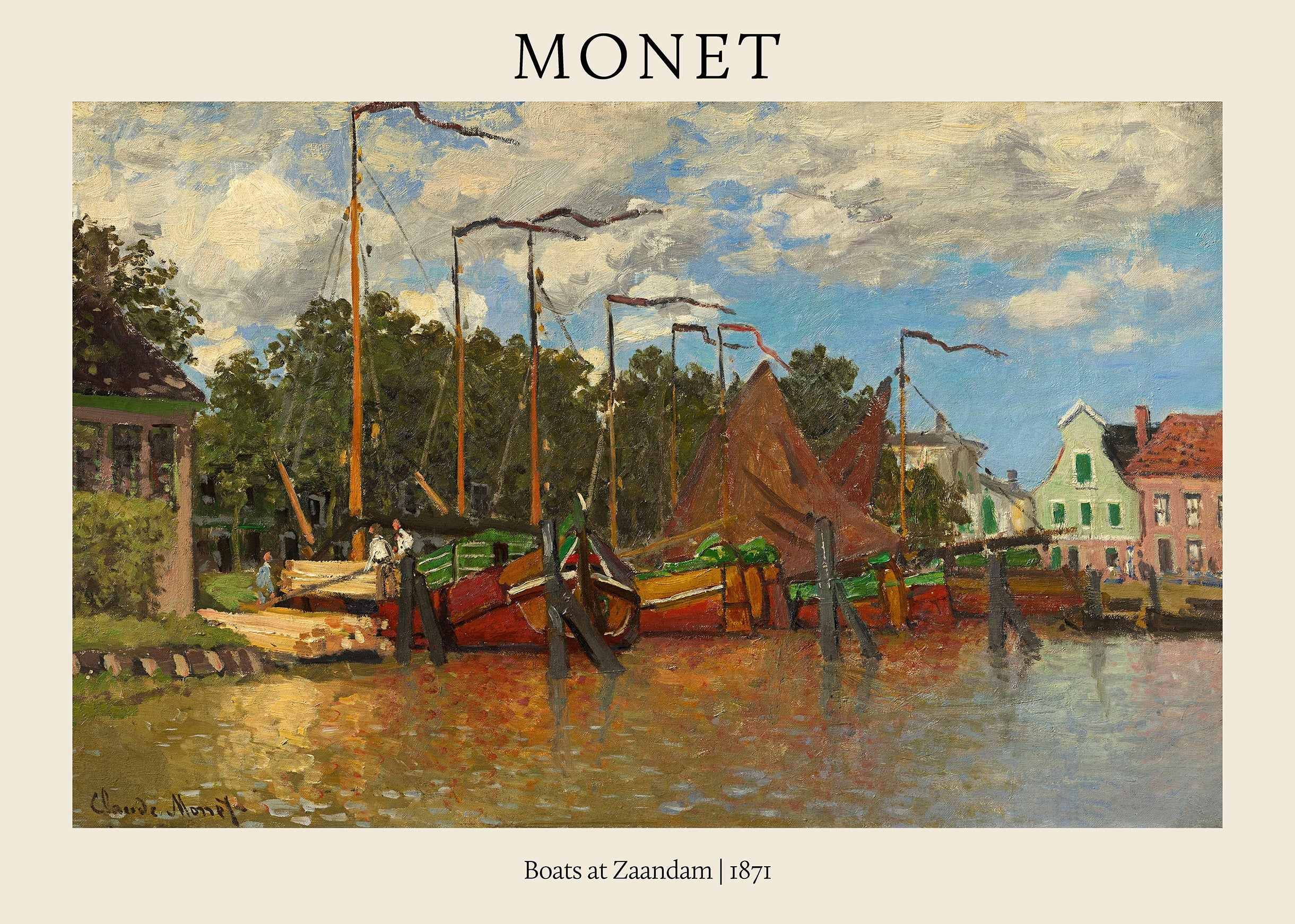 Impressionist oil painting by Claude Monet showing several docked fishing boats in the harbor of Zaandam, Netherlands, 1871.