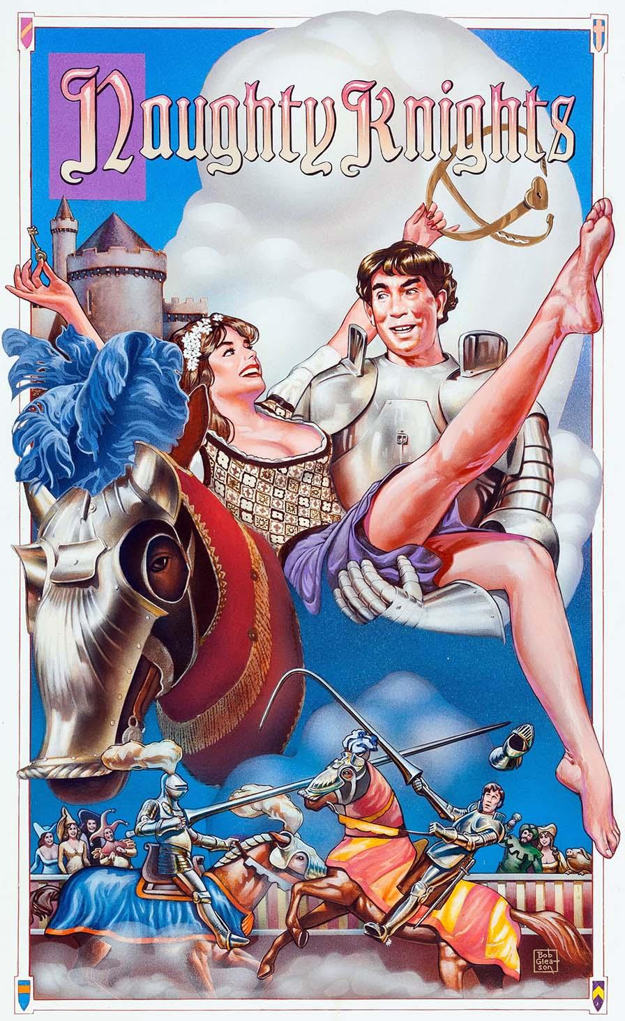 Vintage Naughty Knights movie poster illustration by Bob Gleason showing a knight holding a woman high above a medieval jousting tournament.