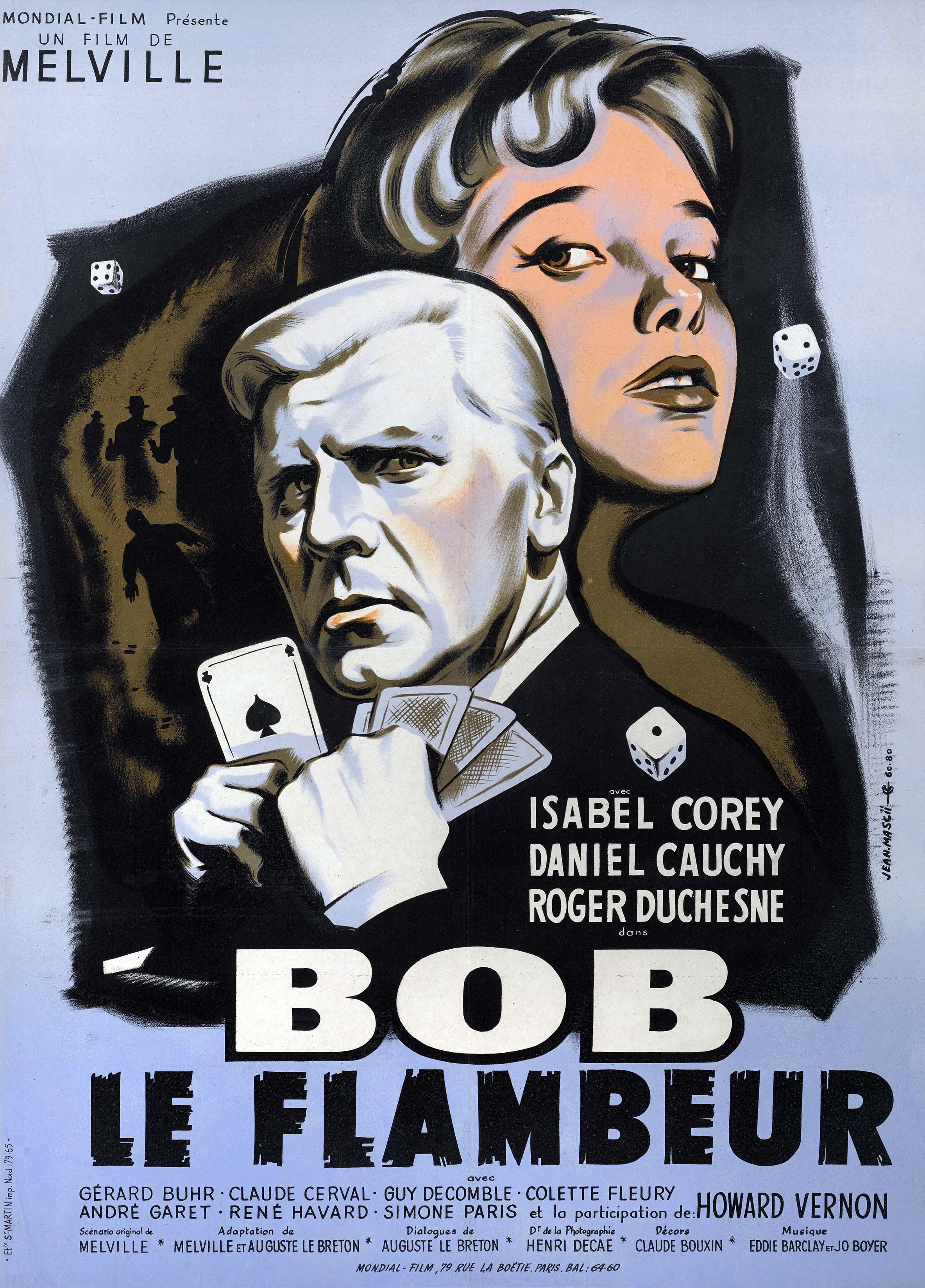 Vintage illustration of the Bob le Flambeur movie poster featuring a man holding an Ace of Spades and a dramatic female face, symbolizing gambling and crime.